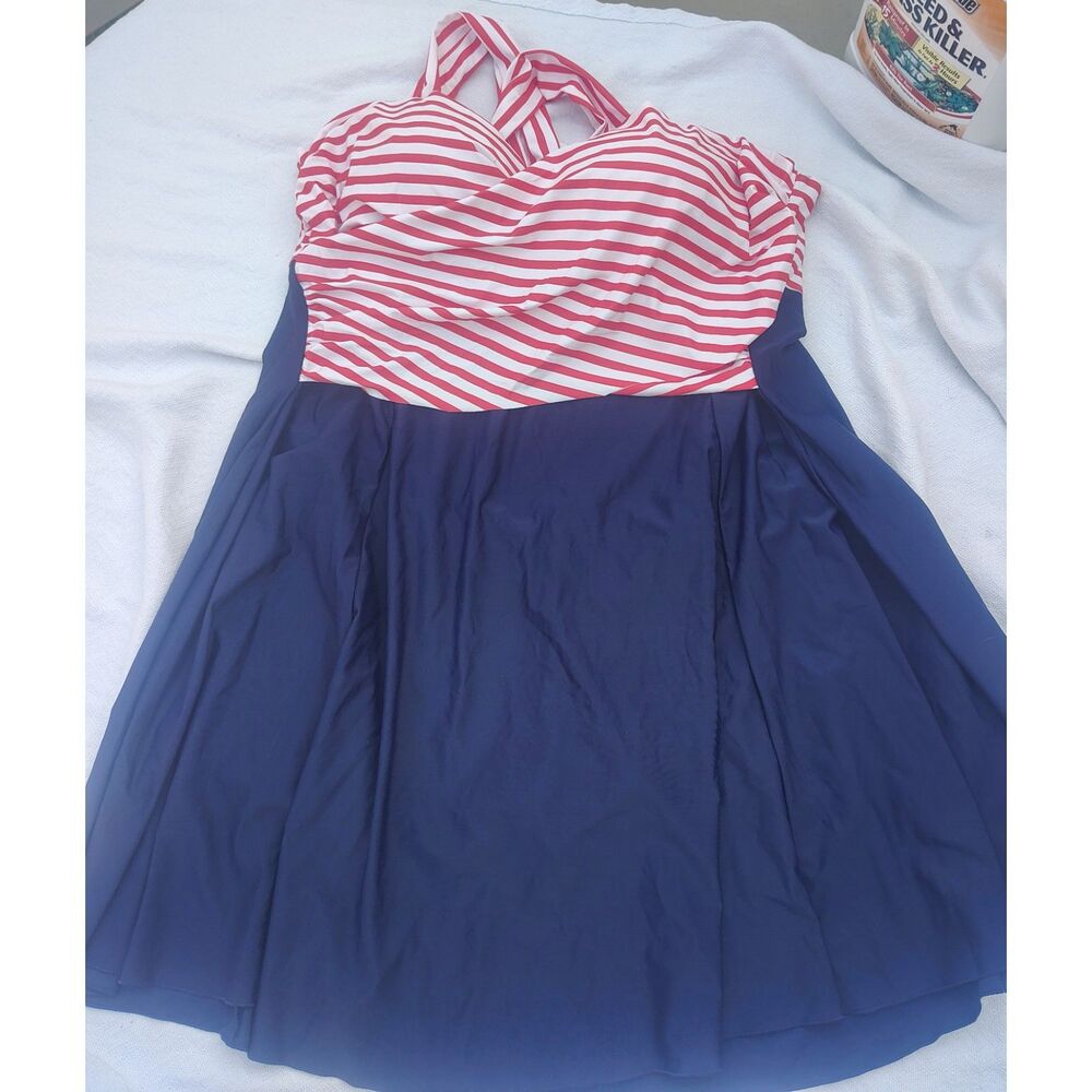 CoCopear 5XL Red White Stripe & Navy Swim Dress One Piece NWT Plus Size
